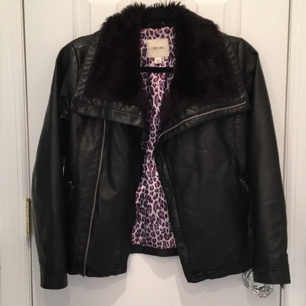 Girls faux fur/cheetah print lined leather jacket